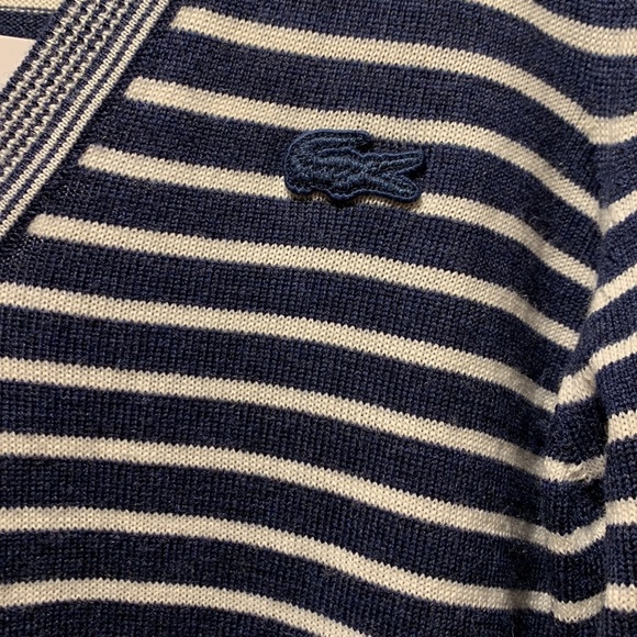 New Lacoste women V-neck wool blend striped sweater in navy blue & white size 36 - Picture 9 of 12